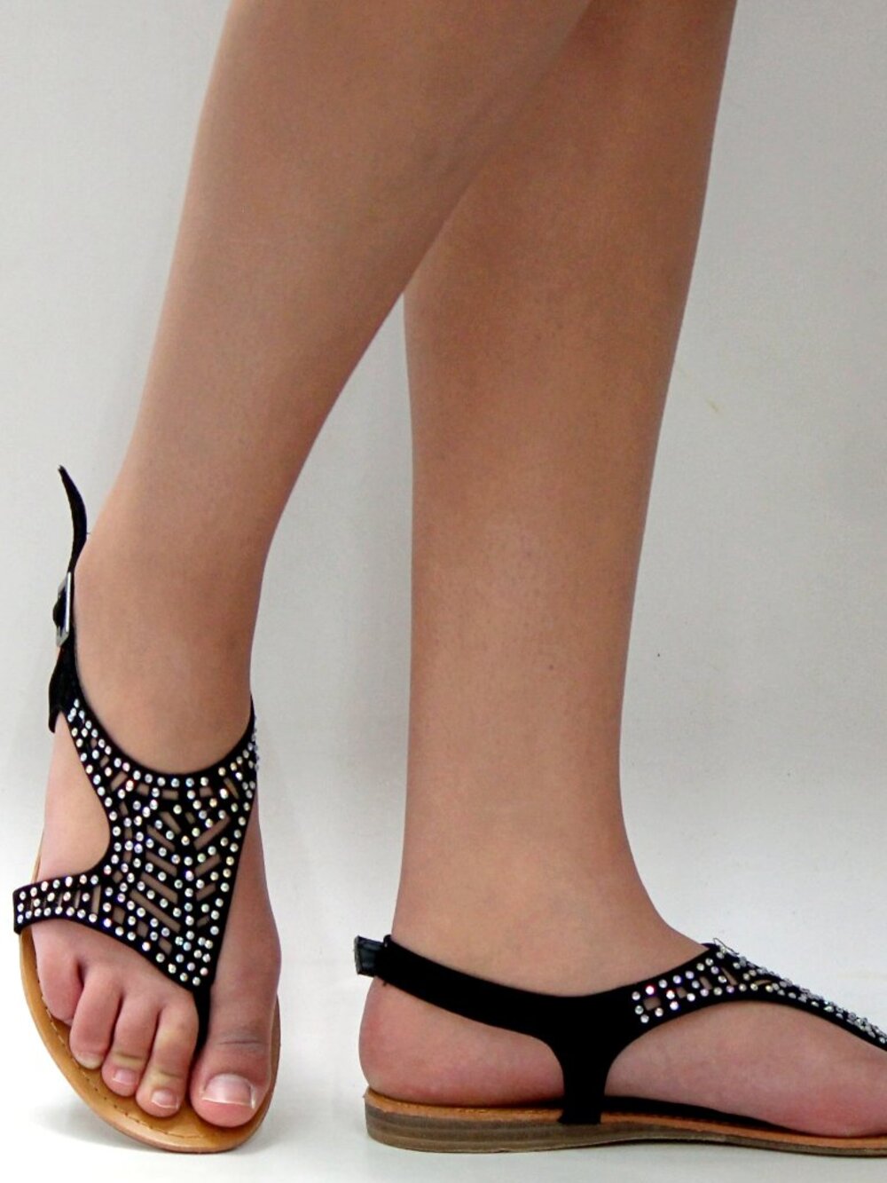New Black Rhinestone Embellished Thong Flat Sandals